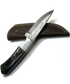 Damascus Knife 9" W/ Leather Pouch Wood Handle Black/Grey Multi-Purpose Hunting