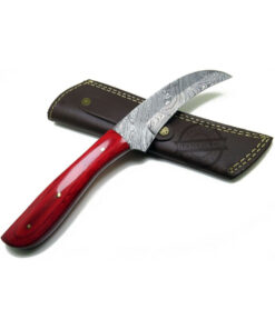 New Damascus Knife 9.5" W/ Leather Pouch Wooden Handle Red Multi Purpose Hunting